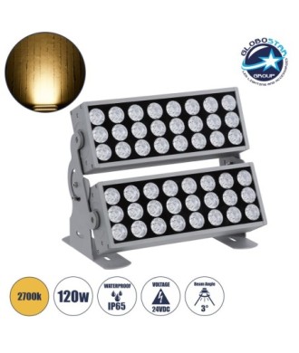 GloboStar® FLOOD-ZENA 90220 Προβολέας Wall Washer για Φωτισμό Κτιρίων LED 120W 10800lm 3° DC 24V Αδιάβροχο IP65 L38 x W30.5 x H24cm Θερμό Λευκό 2700K - Ασημί - 3 Years Warranty